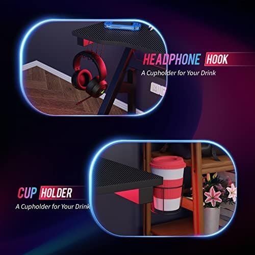 Gaming Desk Computer Desk 47 Inch Home Office Desk Extra Large Modern Ergonomic Black PC Carbon Fiber Table Gamer Workstation with Cup Holder Headphone Hook - Image 6