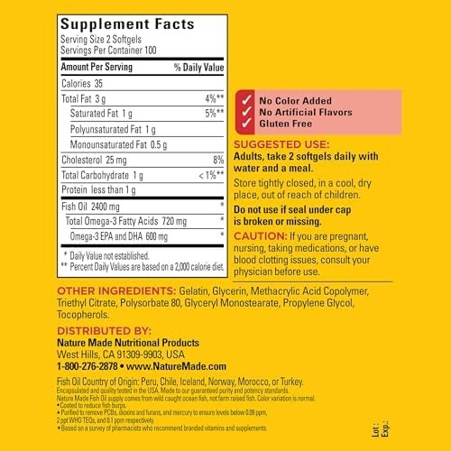 Nature Made Burp Less Fish Oil 1200 mg, Fish Oil Supplements, Omega 3 Fish Oil for Healthy Heart Support, Omega 3 Supplement with 200 Softgels, 100 Day Supply - Image 5