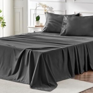 Anne Klein Luxurious 4PC Queen Size Sheet Set -Grey Breathable, Cooling & Hotel Quality Sheets for Men and Women - Deep Pocket, Easy-Fit, and Wrinkle-Free - Dark Grey Oeko-Tex Certified Bed Sheet