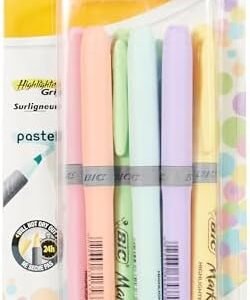 BIC Highlighter Grip Pastel, Highlighter Pens with Adjustable Chisel Tip, Rubber Grip for Extra Comfort, Assorted Colours, Pack of 6