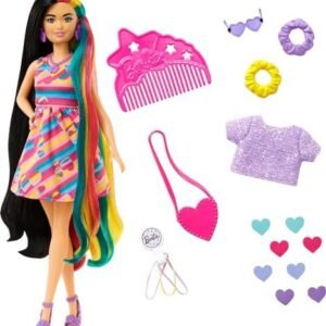 Barbie Totally Hair Doll, Heart-Themed with 8.5-inch Fantasy Hair & 15 Styling Accessories (8 with Color-Change Feature)