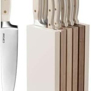 CAROTE 11PCS Knife Set with Block for kitchen, Stainless Steel Razor-Sharp Blade, Triple Riveted Ergonomic Handle,Essential Knife Set, Beige