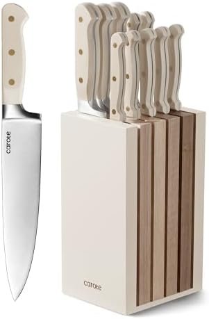 CAROTE 11PCS Knife Set with Block for kitchen, Stainless Steel Razor-Sharp Blade, Triple Riveted Ergonomic Handle,Essential Knife Set, Beige