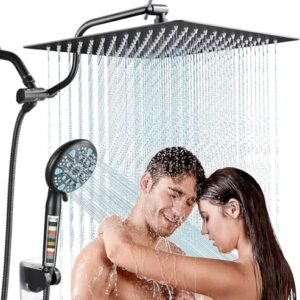 Cobbe 12 Inch All Metal 3-Way Rain Shower Head, High Pressure Shower Head, Dual Shower Heads with Handheld Spray Combo - Upgrade Extension Arm Height Adjustable - 9 Spray Filtered Shower Head, Black