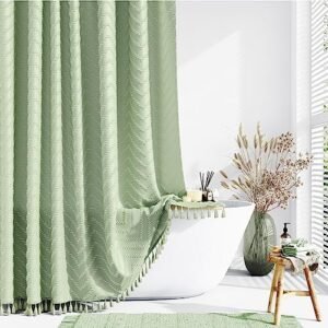 Dynamene Boho Farmhouse Shower Curtain, Sage Green Fabric Tufted Chevron Striped Textured Tassel Shower Curtains for Bathroom, Water Repellent, Minimalist Cloth Shower Curtain Set with Hook, 72x72