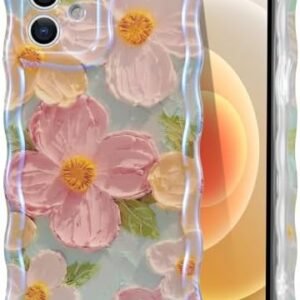EYZUTAK Case for iPhone 11, Colorful Retro Oil Painting Printed Flower Laser Beam Glossy Pattern Cute Curly Waves Border Exquisite Phone Cover Stylish Durable TPU Protective Case for Girls Women-Green