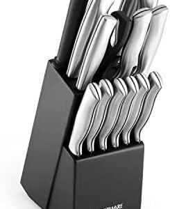 Farberware 5152497 15-Piece High-Carbon Stamped Stainless Steel Kitchen Knife Set with Wood Block, Steak Knives, Razor-Sharp, Black