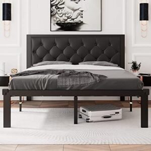 Feonase Queen Size Metal Bed Frame with Faux Leather Button Tufted Headboard, Heavy-Duty Platform Bed Frame with 12" Storage, Steel Slats Support, No Box Spring Needed, Noise Free, Black