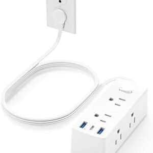 Flat Plug Power Strip, Olcorife Flat Extension Cord 5ft, 6 Outlets 3 USB Ports(1 USB C), 3-Side Outlet Extender Surge Protector for Home Office Travel Dorm Room Essentials, White