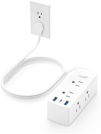 Flat Plug Power Strip, Olcorife Flat Extension Cord 5ft, 6 Outlets 3 USB Ports(1 USB C), 3-Side Outlet Extender Surge Protector for Home Office Travel Dorm Room Essentials, White