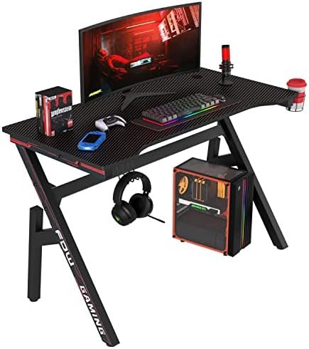 Gaming Desk Computer Desk 47 Inch Home Office Desk Extra Large Modern Ergonomic Black PC Carbon Fiber Table Gamer Workstation with Cup Holder Headphone Hook