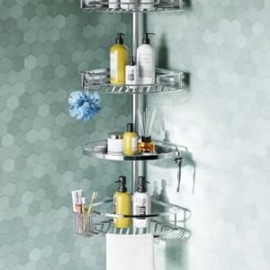 HAMITOR Corner Shower Caddy Tension Pole: Quick Installation 4-Tier Rustproof Bathroom Organizer Shelves for Bathtub Shampoo Storage - 47-121 inch Adjustable Floor Standing Bath Rack Holder - Silver