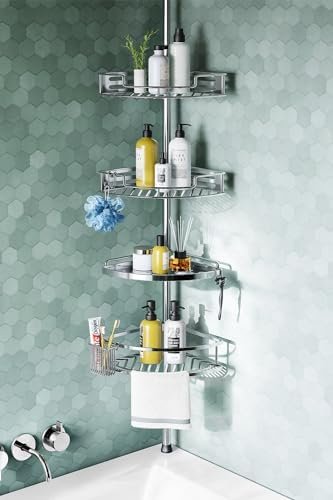 HAMITOR Corner Shower Caddy Tension Pole: Quick Installation 4-Tier Rustproof Bathroom Organizer Shelves for Bathtub Shampoo Storage - 47-121 inch Adjustable Floor Standing Bath Rack Holder - Silver