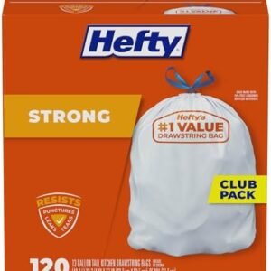 Hefty Strong 13 Gallon Trash Bags, Tall Kitchen Trash Bags, UnscentedLarge Trash Bags with Drawstrings, Durable Closure, Resists Leaks, Punctures, and Tears, White, Unscented, 120 Bags