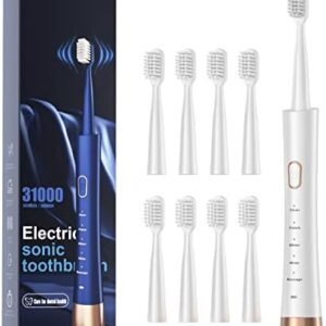 High Vibration Sonic Electric Toothbrush for Adults with 2 Minutes Smart Timer, Fast Charge Lasts Long, 5 Optional Modes, 8 Replacement Brush Heads Ultra Whitening, White