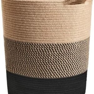 INDRESSME Laundry Basket Large Laundry Hamper, Woven Baskets for Storage, 17.8" x 15.8" x 13.8", Wicker Laundry Basket for Living Room, Dirty Clothes Basket, Baby Hamper for Nursery, Black & Jute