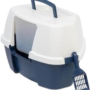 IRIS USA Large Corner Cat Litter Box Enclosure with Front Door Flap and Scoop, Hooded Kitty Litter Tray with Easy Access Lift Top Handle and Buckles for Portability and Privacy, Navy/White