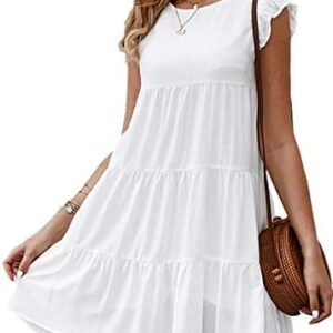 KIRUNDO Women's Summer Dresses Sleeveless Ruffle Sleeve Round Neck Solid Loose Short Flowy Pleated Mini Babydoll Dress