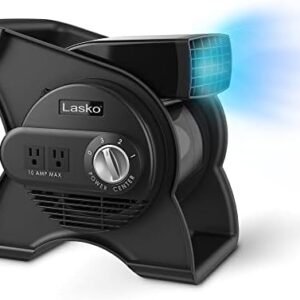 Lasko 12” Utility Fan for Job Site or Home Use, 289 CFM, Pivoting High Velocity Blower Fans, 3 Speeds, 2 Accessory Outlets 120V, Black, U12104