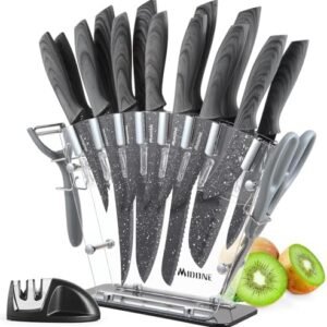 MIDONE Kitchen Knife Set with Acrylic Block, 17 PCS German Stainless Steel, includes Multiple Variety of Knives, Scissor, Sharpener, All in One Knife Set, Nonstick and No Scratch, Gray
