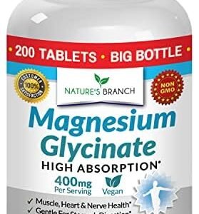 Magnesium Glycinate 400 mg - 200 Tablets - High Absorption, Non Buffered Bisglycinate Mag Supplement for Sleep, Leg Cramps, Heart, Ease Muscles, Calm Headaches for Women and Men, Non Powder Capsules