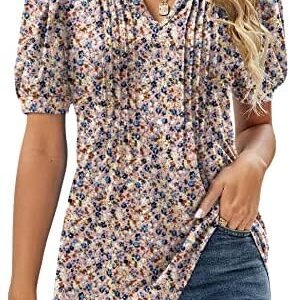 Micoson V Neck Puff Sleeve Pleated T Shirts for Women Fashion Summer Tops Casual Tunic Blouse