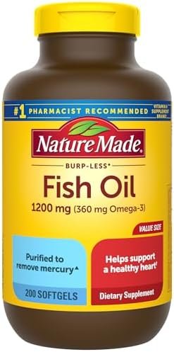 Nature Made Burp Less Fish Oil 1200 mg, Fish Oil Supplements, Omega 3 Fish Oil for Healthy Heart Support, Omega 3 Supplement with 200 Softgels, 100 Day Supply