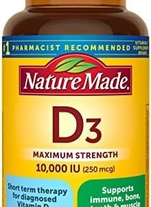 Nature Made Maximum Strength Vitamin D3 10000 IU (250 mcg), Dietary Supplement for Bone, Teeth, Muscle and Immune Health Support, 60 Softgels, 60 Day Supply