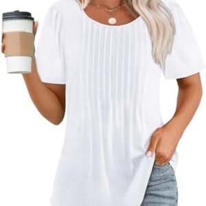 OFEEFAN Womens T Shirts Short Sleeve Pleated Dressy Casual Scooped Neck Summer Tops Blouses