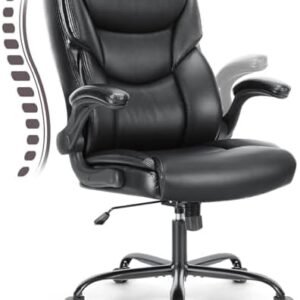 Office Chair - Ergonomic Executive Computer Desk Chairs with Adjustable Flip-up Armrest, Swivel Task Chair with Lumbar Support, Strong Metal Base, PU Leather, Black