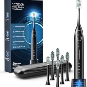 Operan Electric Toothbrush for Adults and Kids Rechargeable Sonic Toothbrush with 5 Modes 2-Min Smart Timer IPX7 Waterproof 40,000 VPM Motor with 8 Brush Heads & Travel Case (Black)