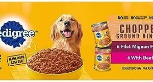 PEDIGREE CHOPPED GROUND DINNER Adult Canned Soft Wet Dog Food Variety Pack, Filet Mignon Flavor and With Beef, 13.2 oz. Cans (Pack of 12)