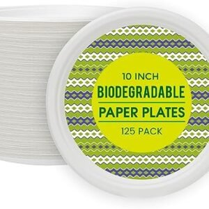 Paper Plates 10 Inch [125 Count], 100% Compostable Disposable Plates Heavy Duty, Made of Bagasse Biodegradable Eco-Friendly Paper Plates Bulk for Party, Wedding, Dinner, BBQ (White)