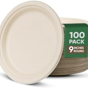 Paper Plates 9 Inches, 100 Pack Disposable Plates For Party – 100% Compostable Plates, Water & Oil Proof Paper Plates, Microwavable Paper Plates Bulk - Brown