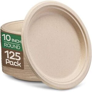 Paper Plates, Compostable Heavy Duty Disposable 10 Inch Dinner Plate - (125-Pack])- (PFAS-Free) - (BPI Certified)-Eco-Friendly, Biodegradable Bagasse Natural Brown 10"in