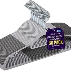 Plastic Clothes Hanger Set - 30 Pieces Versatile, Lightweight, Space-Saving, Non-Slip, Slim Designed, Dry and Wet Clothes Hanger Set with 360° Swivel Hook and Rubber Coating - Gray