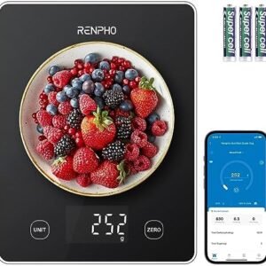 RENPHO Kitchen Scale, Smart Food Scale with Nutritional Calculator, Food Weight Scale Grams and Ounces, Digital Gram Scale for Cooking Baking Keto Marco Diet, Black Glass, 22lb/10kg