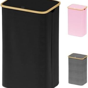 SUOCO Laundry Basket with Lid, 29 Gal (110L) Clothes Hamper with Bamboo Handles, Large Foldable Laundry Hamper for Bedroom, Bathroom, Dorm, Laundry Room - Black