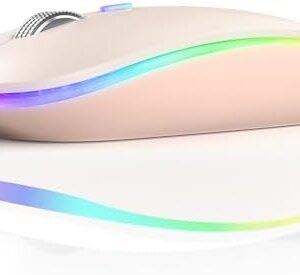 TENMOS Wireless Bluetooth Mouse, LED Slim Dual Mode (Bluetooth 5.1 + USB) 2.4GHz Rechargeable Silent Bluetooth Wireless Mouse with Type C Adapter for Laptop/MacBook/iPad OS 13 and above - Light Pink