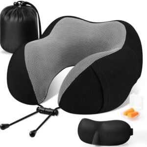 Travel Pillow Premium Memory Foam, Comfortable & Supportive Neck Pillow, Pain Relief Sleeping Neck Pillows for Travel, Airplane Pillow for Sleeping Airplane, Car, Office and Home（Black）