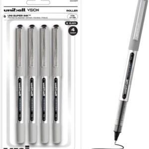 Uniball Vision Rollerball Black Pens, Fine Point Journaling Pens with 0.7mm Medium Black Ink, Ink Black Pen, Smooth Writing Japanese Pens, Office Supplies, 4 Count (Pack of 1)