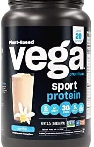 Vega Premium Sport Protein Vanilla Protein Powder, Vegan, Non GMO, Gluten Free Plant Based Protein Powder Drink Mix, NSF Certified for Sport, 29.2 oz, Packaging may vary