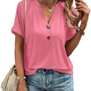 Womens Tops Trendy V Neck Button Down Short Sleeve Tshirts Business Casual Basic Tee Loose Fit