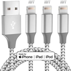 iPhone Charger 3pack 10FT Apple MFi Certified Long Lightning Cable Fast Charging High Speed Data Sync USB Cable Compatible iPhone 14 13/12/11 Pro Max/XS MAX/XR/XS/X/8/7/Plus/6S (Grey White)