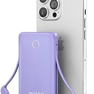 miisso 6000mah Ultra Slim Built in Cables Power Bank, Card Size Built in USB C Cords Battery Pack Portable Charger for Phones, 3 Output External Battery Pack Compatible with iPhone, Samsung, Purple